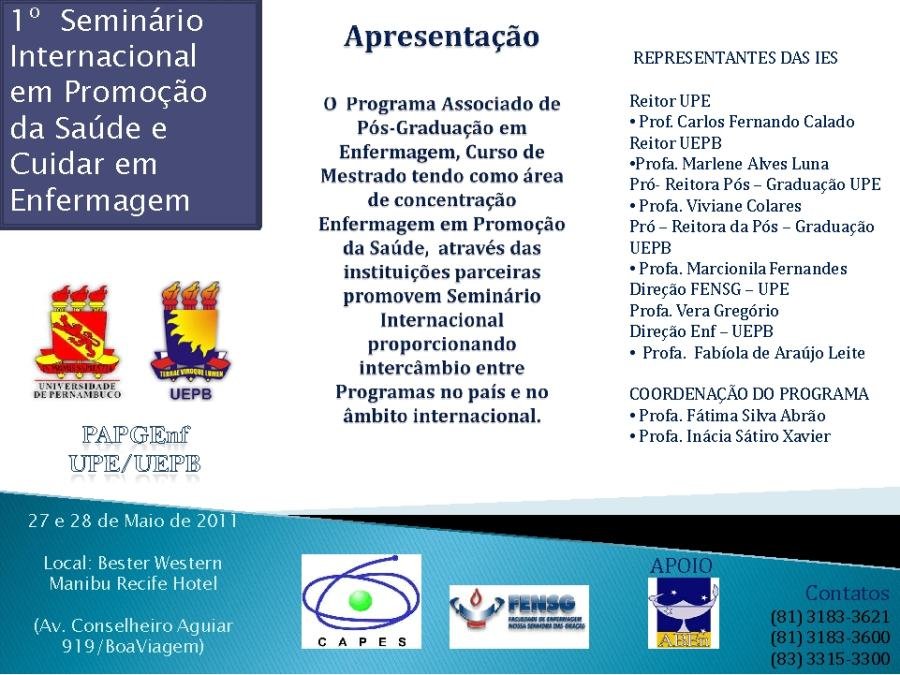 Cartaz de divulgação: 1º Seminário Internacional em Promoção da Saúde e Cuidar em Enfermagem