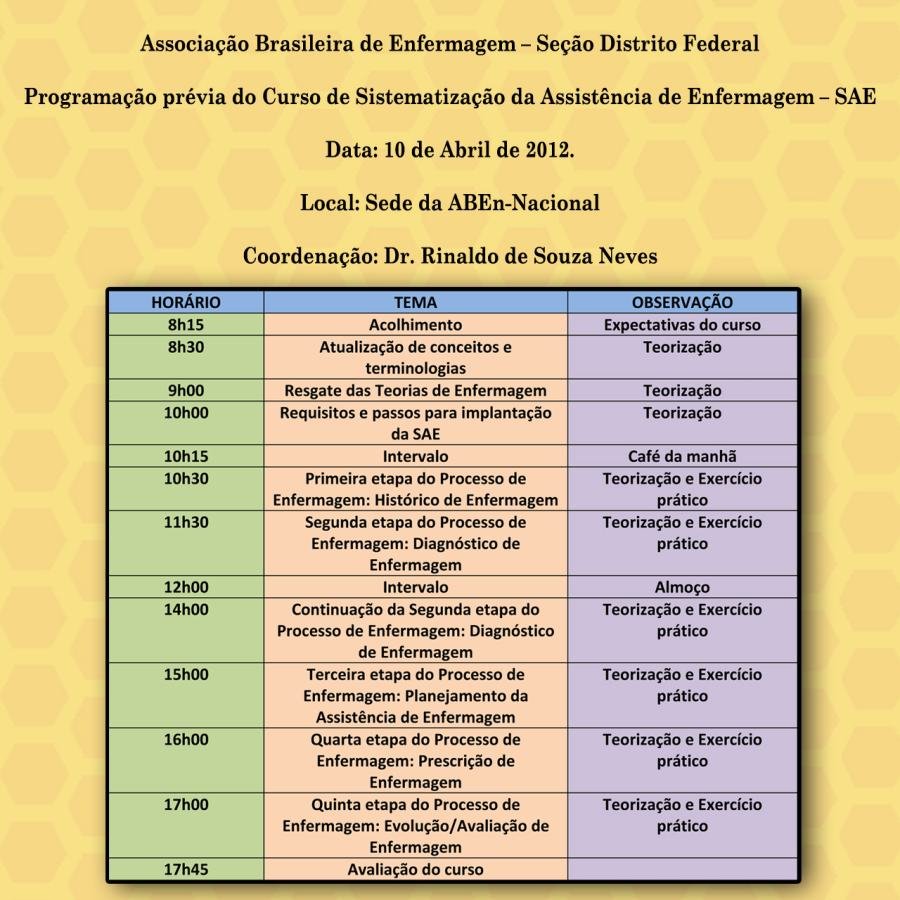 Cartaz de divulgação: Curso de Sistematização da Assistência de Enfermagem